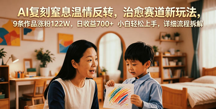 【2026.06.16】AI重塑窒息温情反转，治愈赛道爆款新玩法！9条视频涨粉122W，日赚700+，小白也能轻松上手，完整流程全拆解-