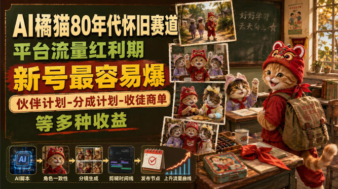 【2026.08.12】AI橘猫带你穿越80年代怀旧赛道,新号红利期轻松爆款,伙伴分成+收徒商单多重收益等你来!-