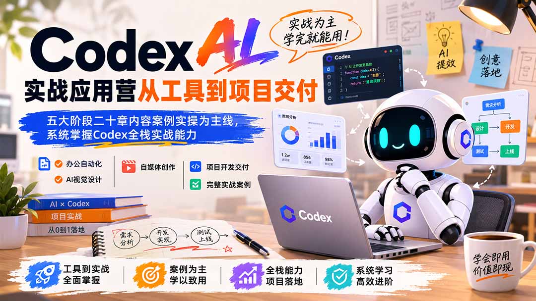 【2026.08.12】Codex AI实战应用营:从零搭建到项目交付,五大阶段二十章案例实操,全面解锁全栈开发能力-
