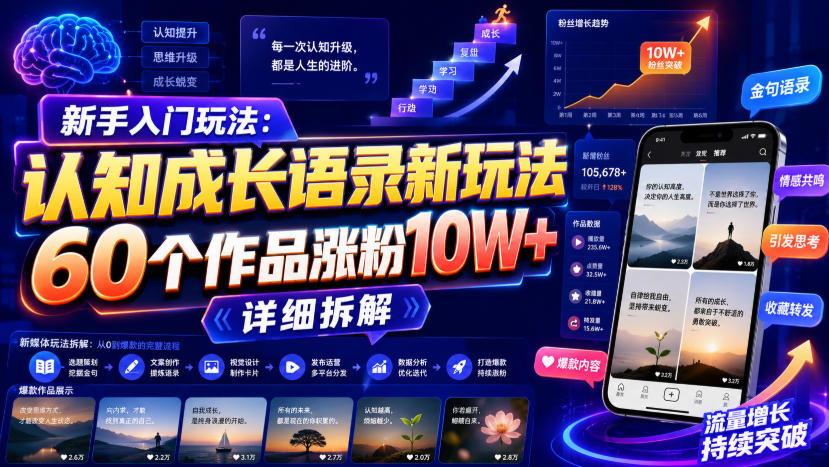 【2026.08.11】新手必看！认知成长语录新玩法，60个作品狂揽10W+粉丝，深度拆解揭秘-