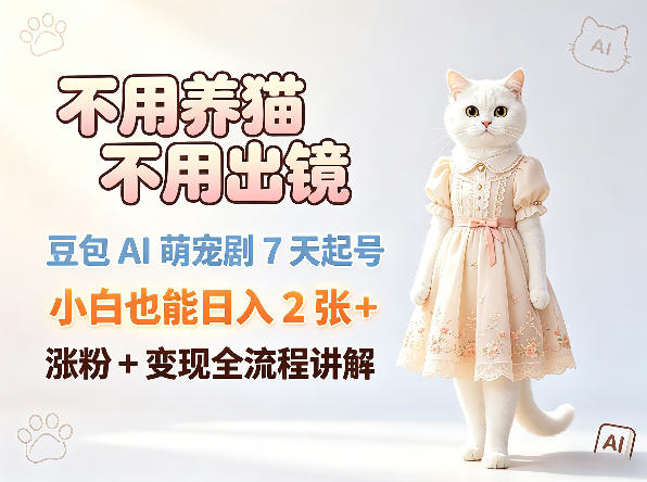 【2026.05.06】不用养猫也能做萌宠账号！豆包AI萌宠剧7天起号，小白轻松日入2张+，涨粉变现全流程拆解-