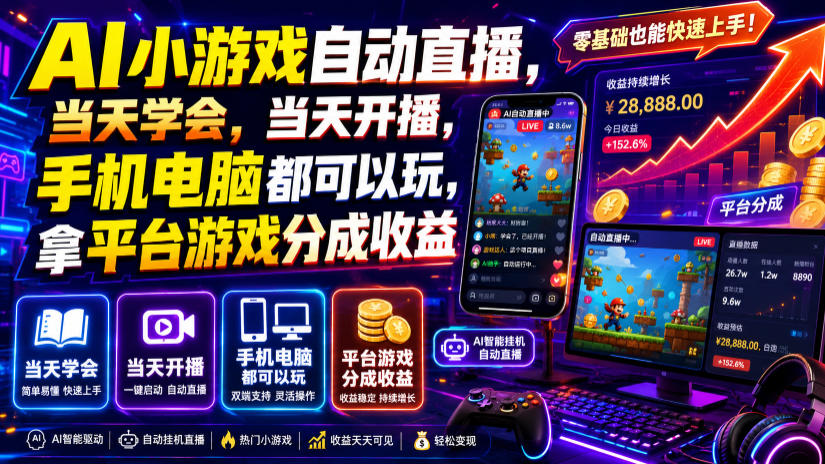 【2026.07.14】AI小游戏自动直播：当日上手即可开播，手机电脑通用，轻松获取平台游戏收益分成-
