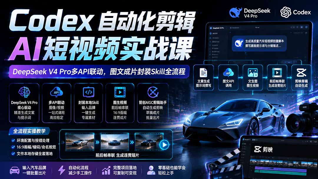 【2026.08.05】Codex自动化剪辑实战：DeepSeek V4 Pro多API联动，图文成片Skill全流程拆解-