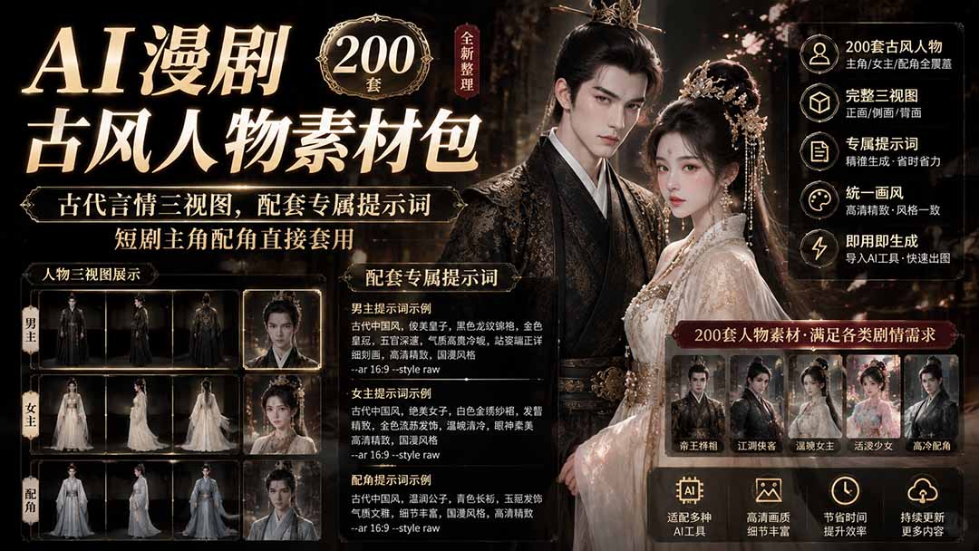 【2026.08.04】古风AI漫剧素材包｜200套古代言情人物三视图+专属提示词，短剧主角配角一键套用-