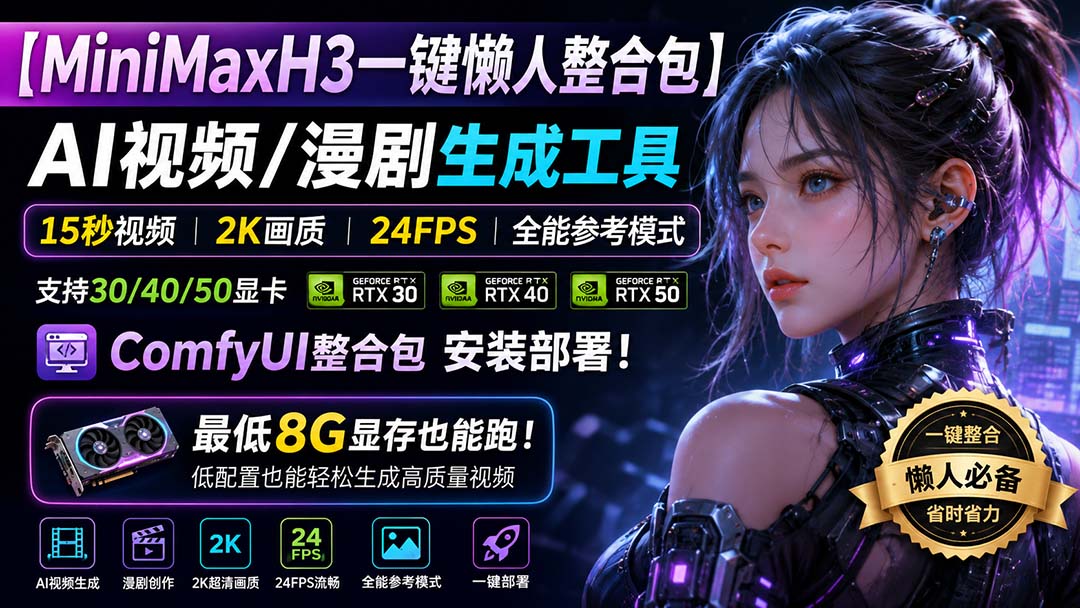 【2026.08.29】MiniMax H3懒人神器：一键生成AI视频/漫剧，15秒2K高清24帧，30系到50系显卡通吃，8G显存也能畅玩！-