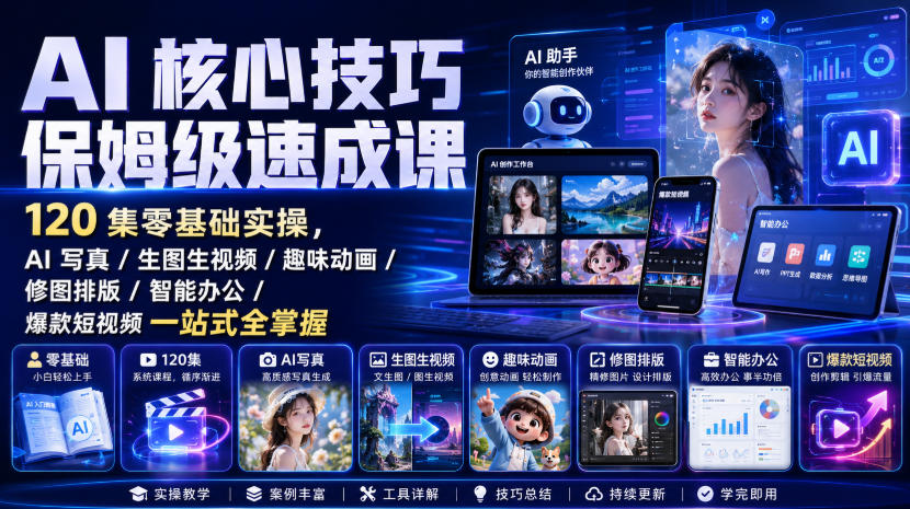 【2026.08.13】AI技能一站式精通｜120集零基础实战，AI写真/生图生视频/趣味动画/修图排版/智能办公/爆款短视频全搞定-