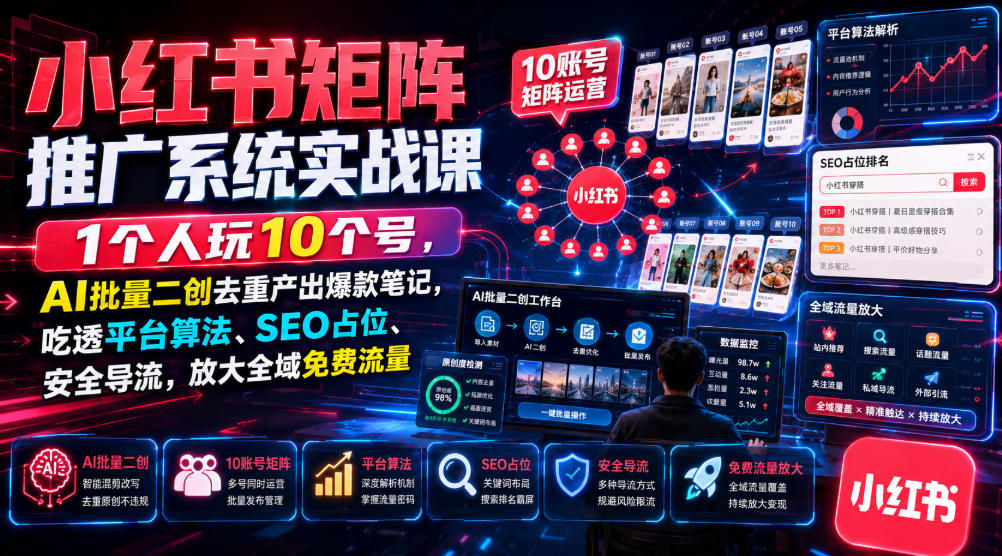 【2026.07.27】小红书矩阵实战：一个人运营10个账号，用AI批量去重打造爆款笔记，掌握平台算法、SEO占位与安全导流，引爆全域免费流量-