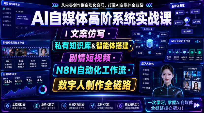 【2026.07.26】AI自媒体进阶实战课：文案仿写、知识库搭建、智能体开发、剧情短视频、N8N自动化与数字人制作全链路解析-