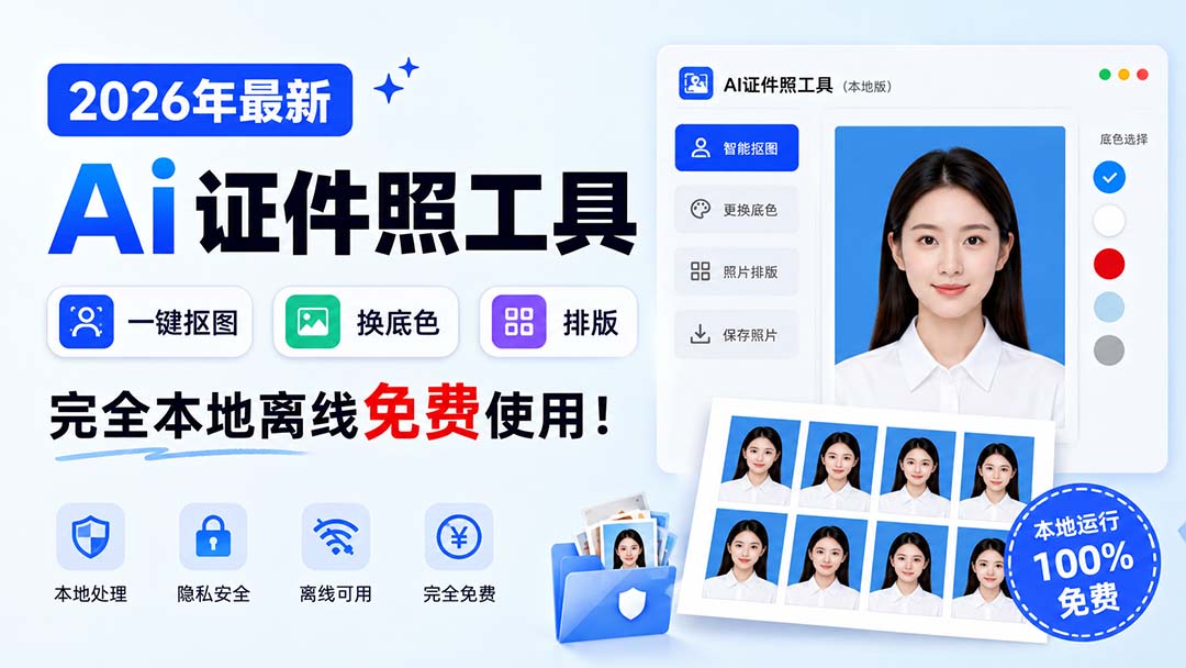 【2026.08.29】2026年AI证件照神器:本地离线一键抠图换底色,免费不限次!-