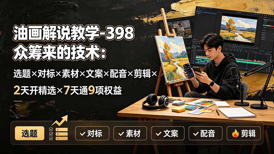 【2026.07.28】油画教学新玩法：众筹技术大揭秘，选题×对标×素材×文案×配音×剪辑×2天开精选×7天通9项权益全掌握-