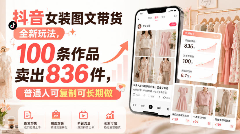 【2026.08.29】抖音女装图文带货新思路：100条作品爆卖836件，零基础也能轻松复制-