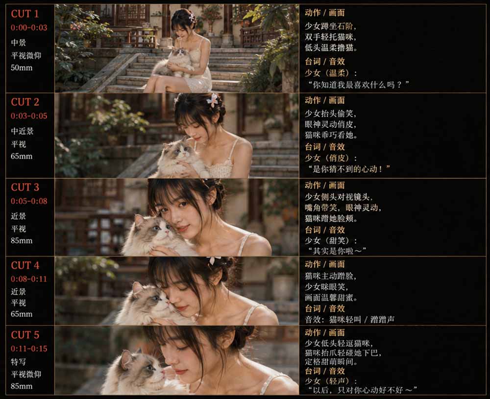 【2026.06.16】美女与萌猫的温馨日常：人物一致性提示词与故事板全解析-