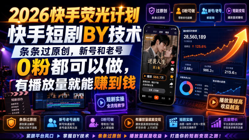 【2026.08.08】快手荧光计划新玩法:短剧搬运技巧,0粉老号新号都能做,有播放就有收益!-