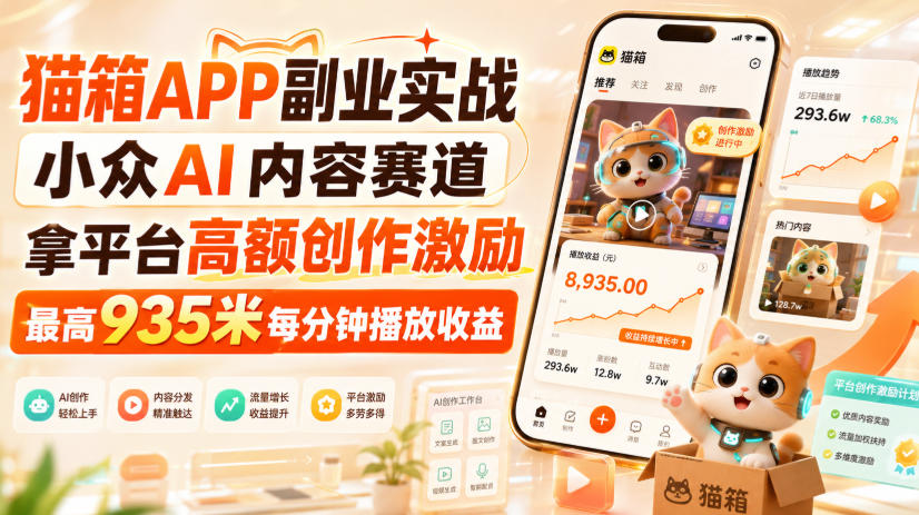 【2026.08.29】猫箱APP冷门掘金术：AI内容新蓝海，日赚935元/分钟播放收益实操揭秘-