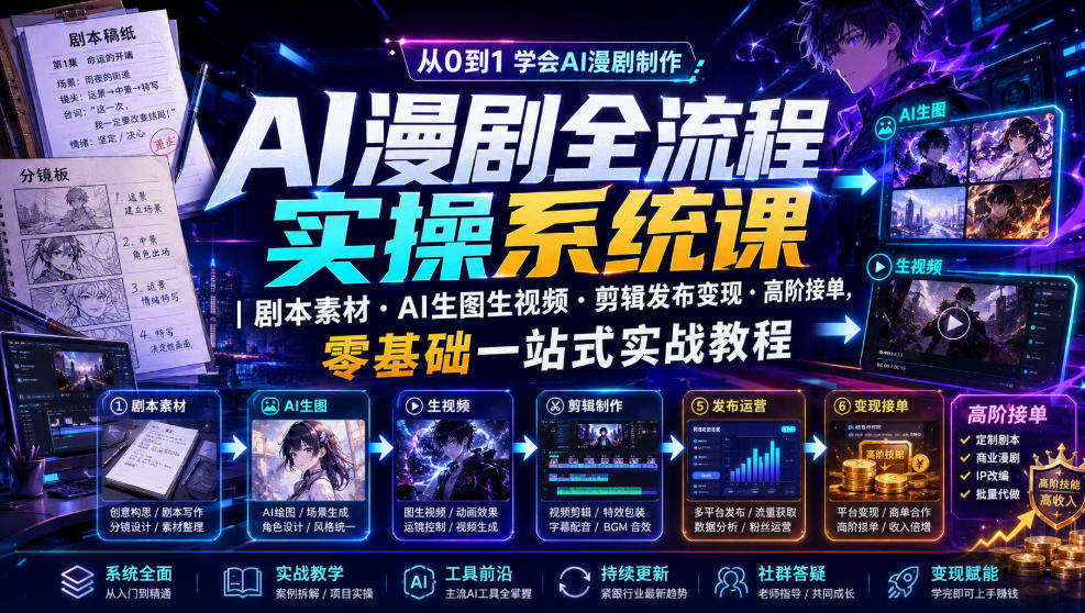 【2026.07.19】AI漫剧全流程实战课：剧本创作+AI生成图视+剪辑发布+高阶接单，零基础一站式轻松上手-