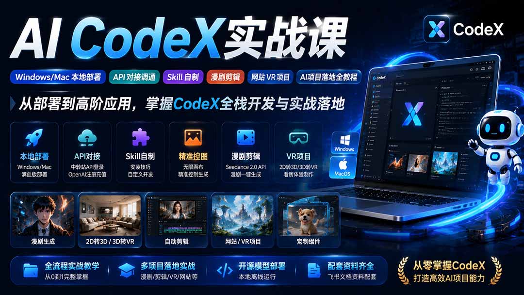 【2026.08.08】AI CodeX实战全攻略：本地部署+API对接+自制Skill，从漫剧剪辑到VR网站一站式落地-