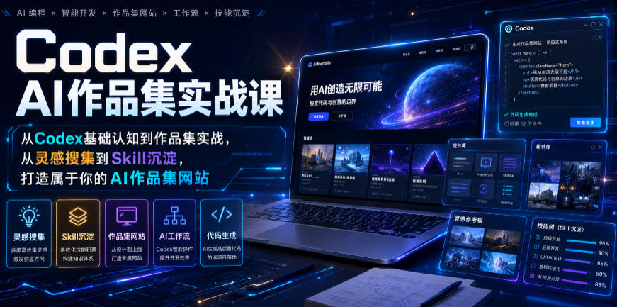 【2026.07.13】Codex AI实战课：零基础到作品集高手，从灵感搜集到技能沉淀，打造你的专属AI作品网站-