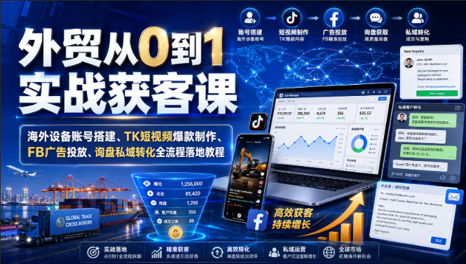 【2026.08.12】外贸小白逆袭指南:从0到1实战获客全攻略,海外设备搭建+TK爆款视频+FB广告投放+询盘转化,一站式落地教程-