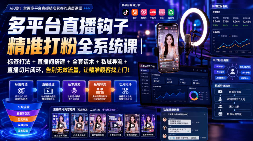 【2026.07.25】多平台直播钩子精准打粉全系统课|标签打法+直播间搭建+全套话术+私域导流+直播切片闭环,告别无效流量,让精准顾客找上门!-