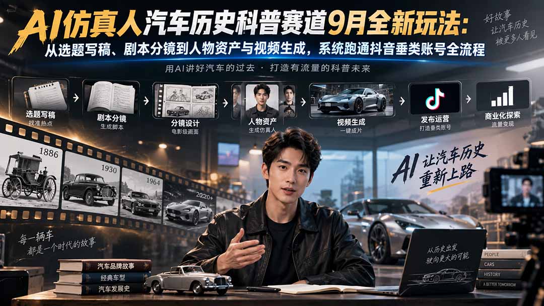 【2026.09.12】AI仿真人带你穿越汽车百年史：抖音科普赛道从选题到成片的完整玩法揭秘-
