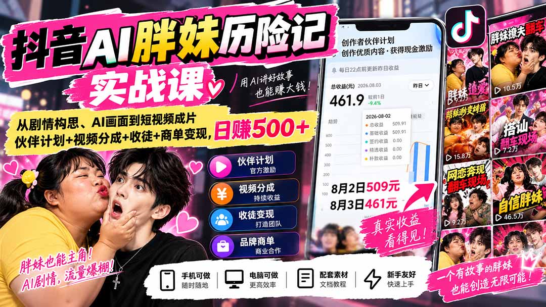 【2026.09.16】抖音AI胖妹历险记实操训练营：剧情策划、AI绘图到短视频成品，伙伴计划+视频分成+收徒+商单变现，单日收益500+-