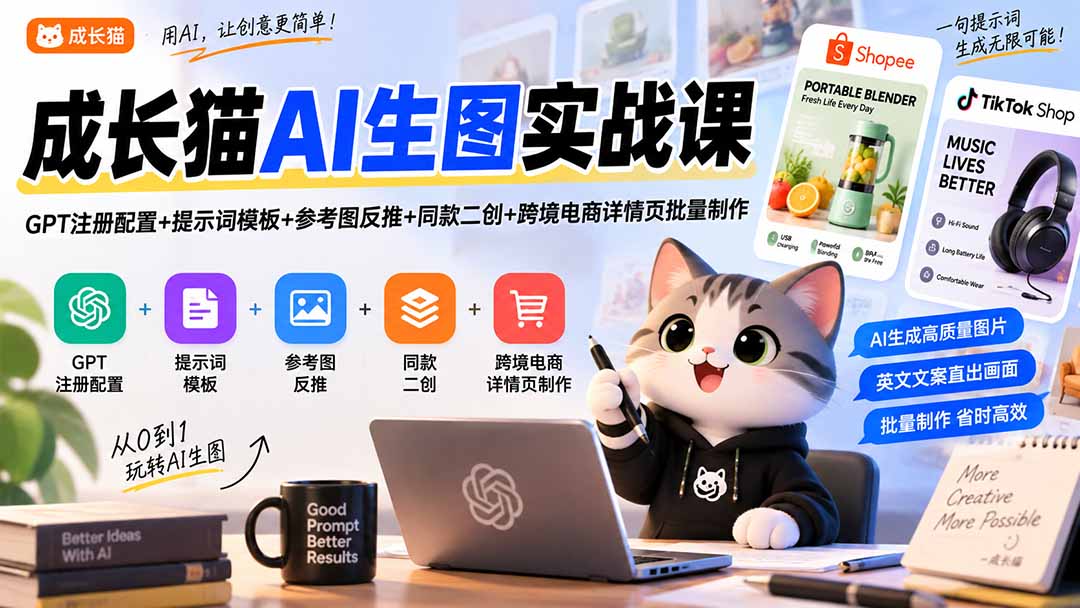 【2026.09.15】AI生图实战全攻略：GPT配置＋提示词模板＋参考图反推＋同款二创＋跨境详情页批量生成-