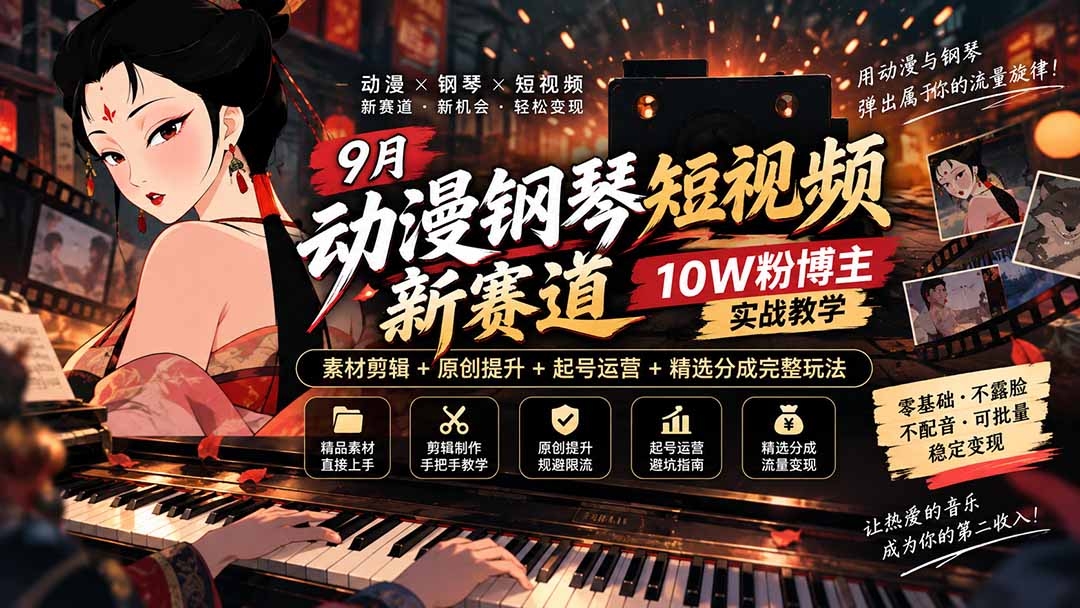 【2026.09.16】动漫钢琴短视频新风口｜10W粉博主亲授：素材剪辑+原创进阶+起号运营+分成玩法全攻略-