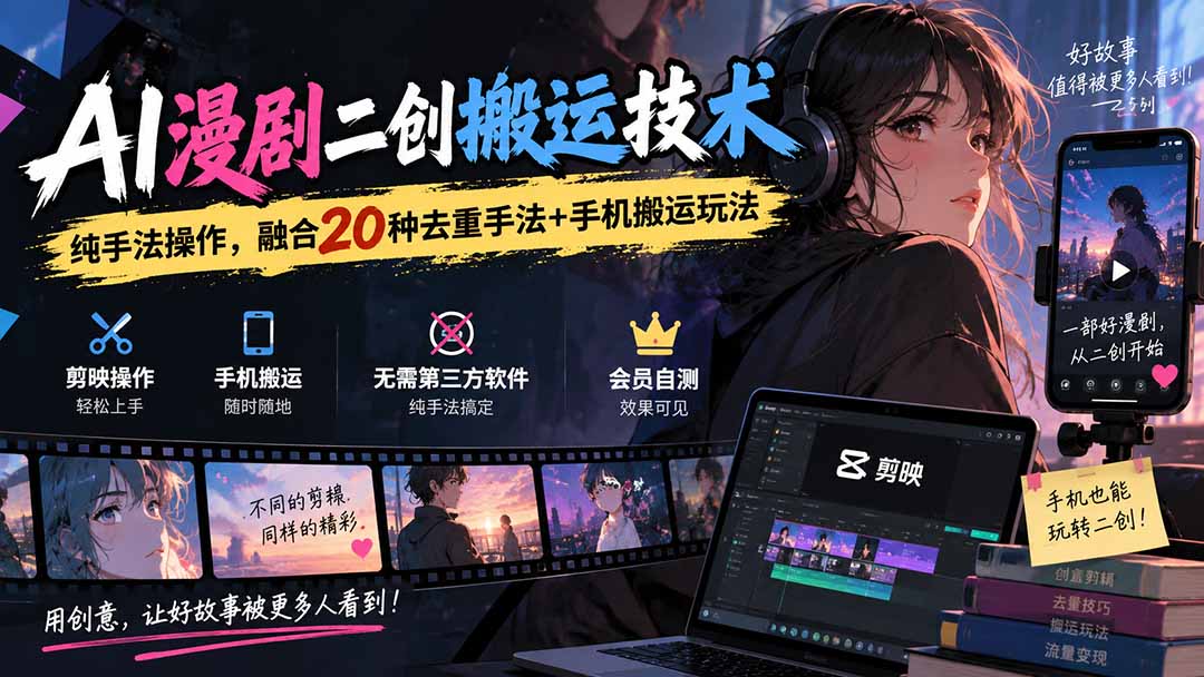 【2026.09.19】AI漫剧二创搬运全攻略：20种去重技巧+手机端实操玩法，纯手法教学-