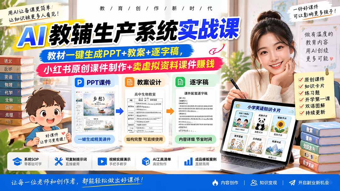 【2026.09.18】AI实战课：一键生成教材PPT、教案与逐字稿，玩转小红书原创课件与虚拟资料变现-