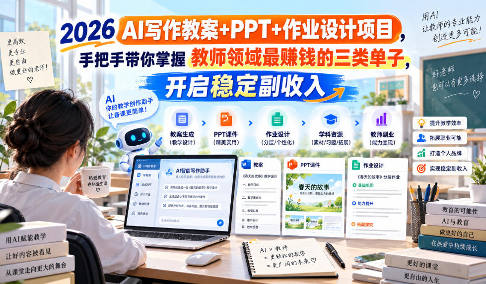 【2026.09.19】AI写作教案、PPT与作业设计实战：掌握教师最赚钱的三类接单方向，轻松开启稳定副业收入-