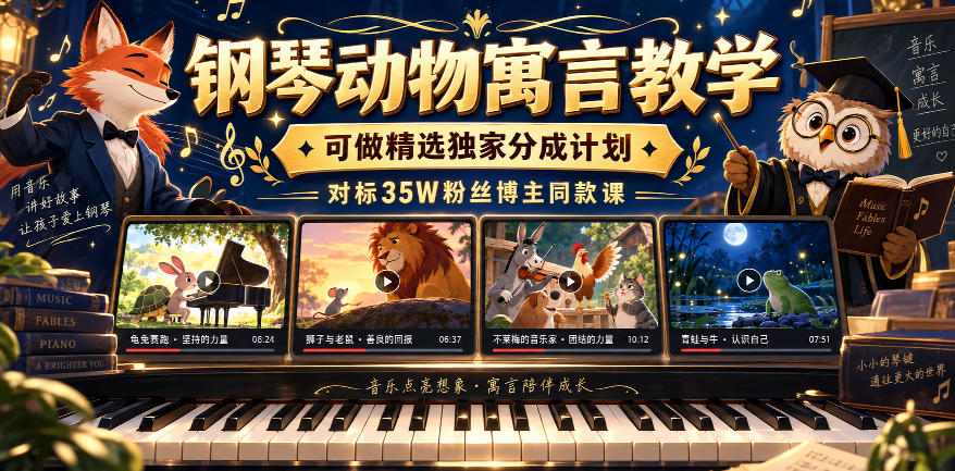 【2026.09.19】钢琴动物寓言课程招募，独家分成计划，对标35万粉丝博主爆款内容-
