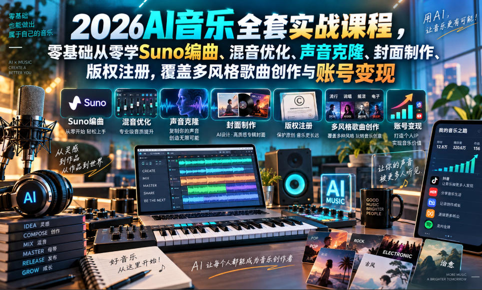 【2026.09.19】零基础AI音乐实战课：Suno编曲混音、声音克隆与版权注册，多风格创作到账号变现全攻略-