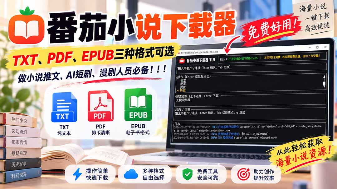 【2026.09.18】番茄小说一键下载，TXT、PDF、EPUB任你选，做小说推文、AI短剧、漫剧必备神器！-