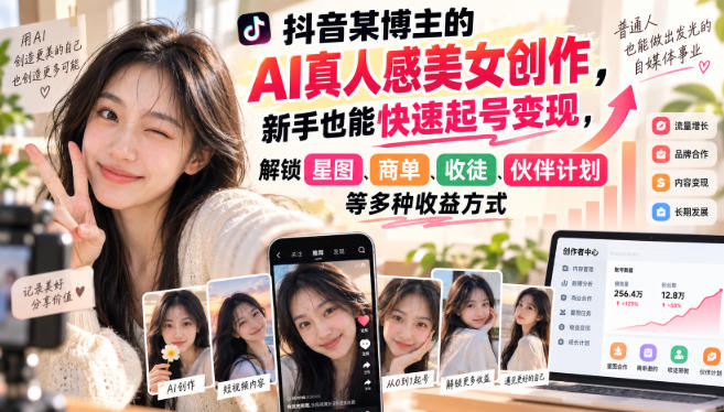 【2026.09.20】抖音博主用AI打造真人感美女，新手也能迅速起号变现，解锁星图、商单、收徒、伙伴计划等多元收益渠道-