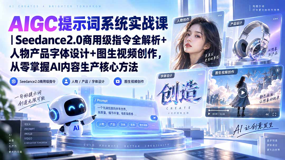 【2026.09.20】AIGC提示词实战课｜Seedance2.0商用指令全解析，涵盖人物产品字体设计与图生视频，轻松掌握AI内容生产-