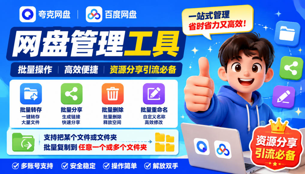 【2026.09.21】夸克网盘批量操作神器:一键重命名、转存、分享、复制,内置AI智能助手-