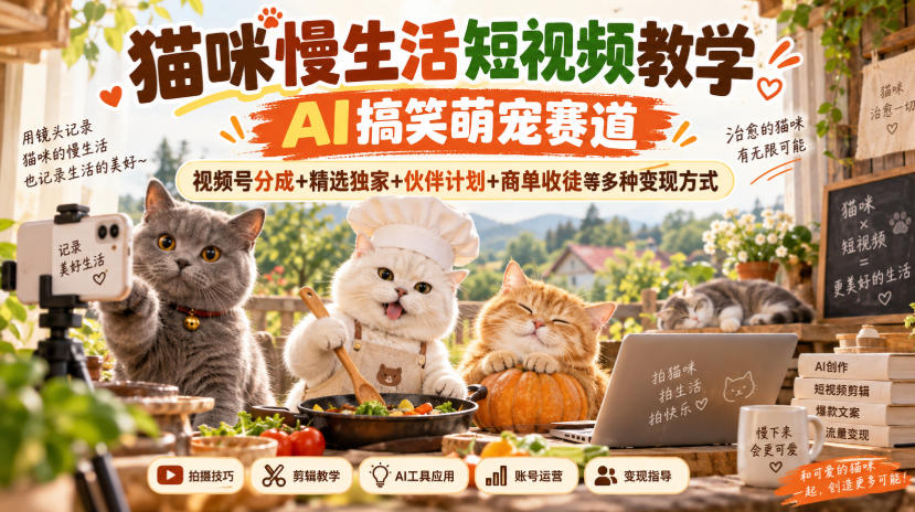 【2026.09.22】萌宠AI搞笑短视频课:解锁猫咪慢生活,视频号分成+独家精选+伙伴计划+商单收徒全攻略-