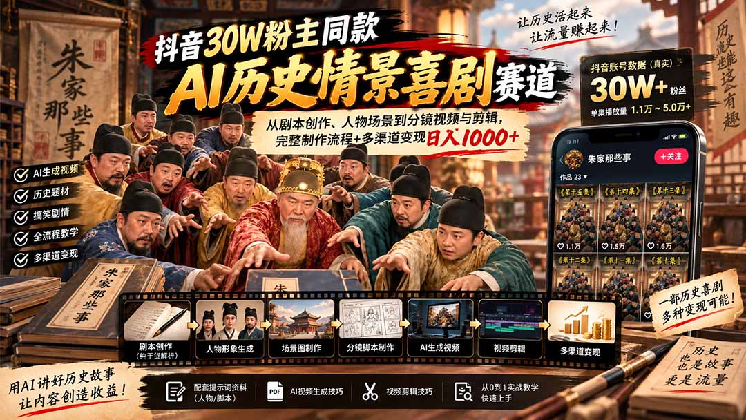 【2026.09.23】30万粉抖音大V亲授:AI历史情景喜剧全流程实战,从剧本到剪辑再到日入过千变现秘籍-