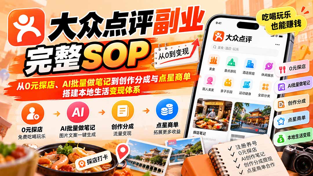 【2026.09.24】大众点评副业全攻略:零成本探店、AI批量笔记、创作分成与点星商单,打造本地生活变现闭环-