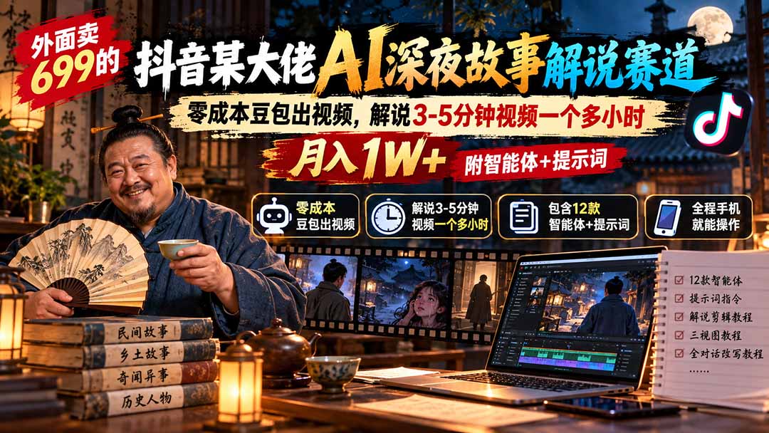 【2026.09.25】抖音大佬AI深夜故事解说玩法:豆包零成本做3-5分钟视频,单条耗时1小时,月入过万附智能体与提示词-